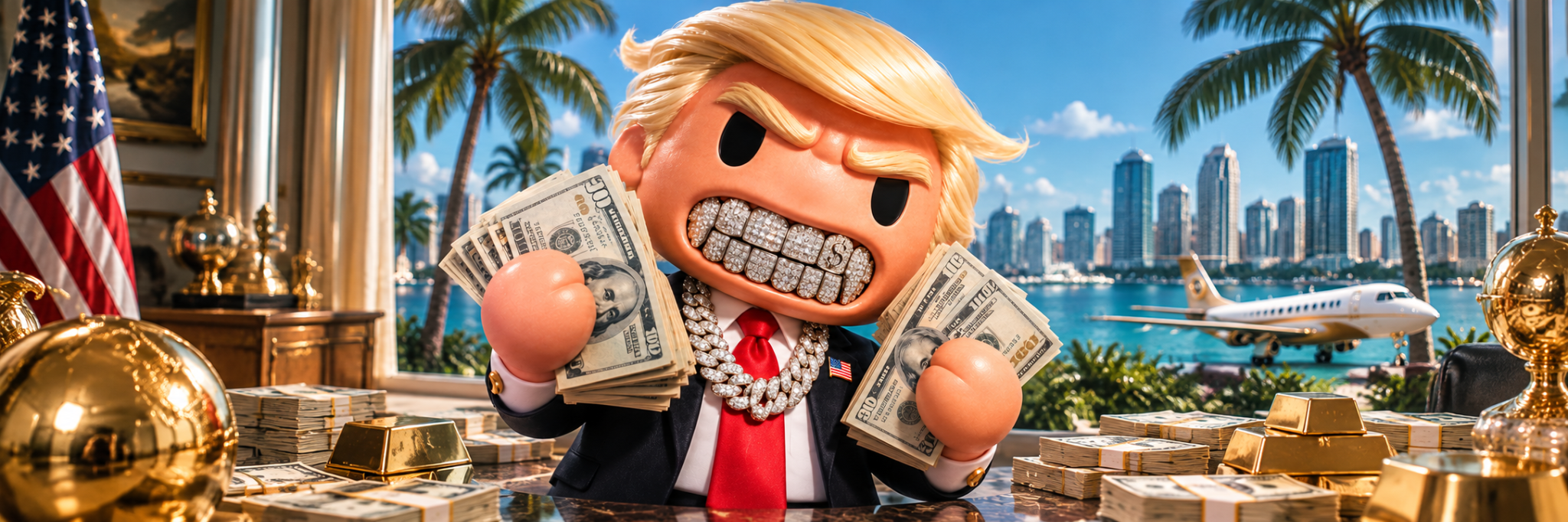 Rich Trump in a luxury office overlooking a private jet