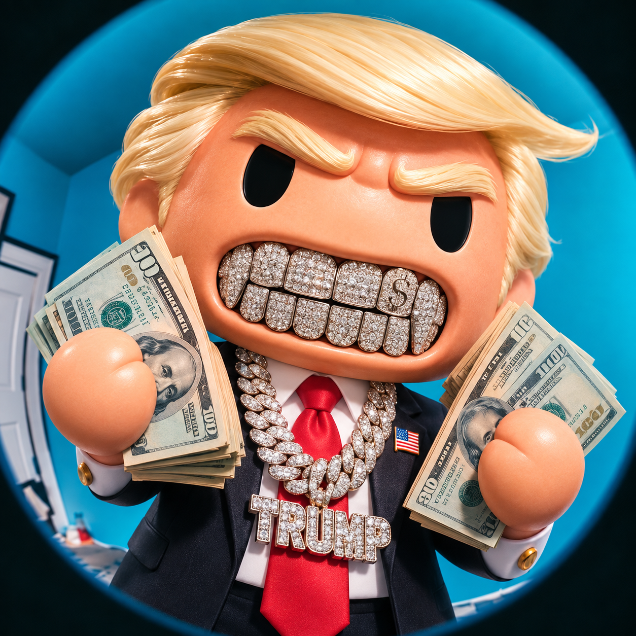 Rich Trump holding cash with diamond jewelry